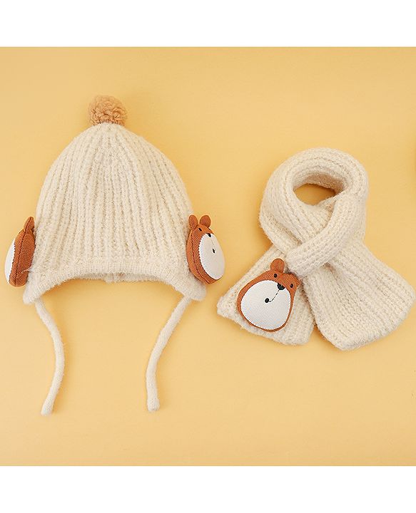 Babyhug Woolen Cap & Muffler Set With Animal Applique Beige - 15 cm Diameter