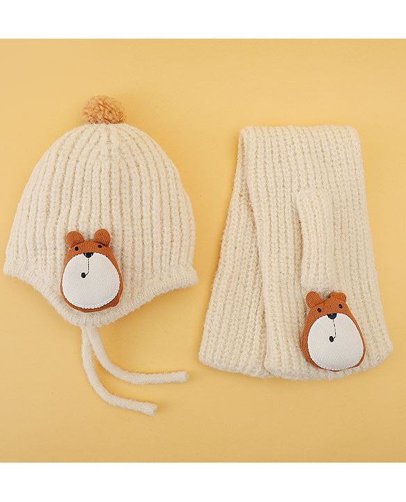 Babyhug Woolen Cap & Muffler Set With Animal Applique Beige - 15 cm Diameter