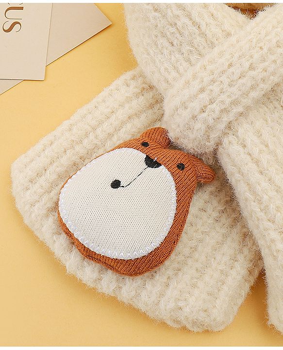Babyhug Woolen Cap & Muffler Set With Animal Applique Beige - 15 cm Diameter