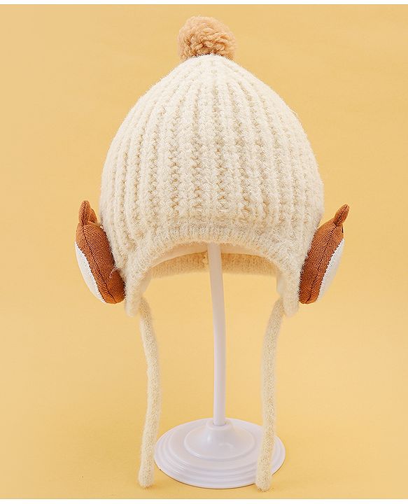 Babyhug Woolen Cap & Muffler Set With Animal Applique Beige - 15 cm Diameter