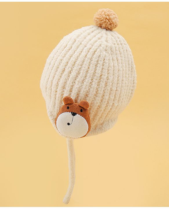 Babyhug Woolen Cap & Muffler Set With Animal Applique Beige - 15 cm Diameter