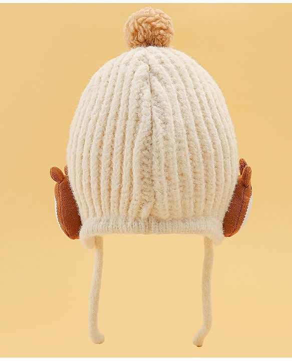 Babyhug Woolen Cap & Muffler Set With Animal Applique Beige - 15 cm Diameter