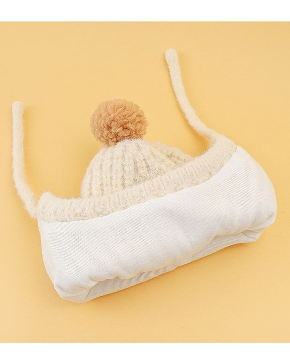 Babyhug Woolen Cap & Muffler Set With Animal Applique Beige - 15 cm Diameter