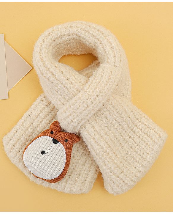 Babyhug Woolen Cap & Muffler Set With Animal Applique Beige - 15 cm Diameter
