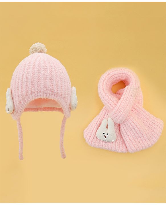 Babyhug Woolen Cap & Muffler Set With Animal Applique Pink - 13 cm Diameter