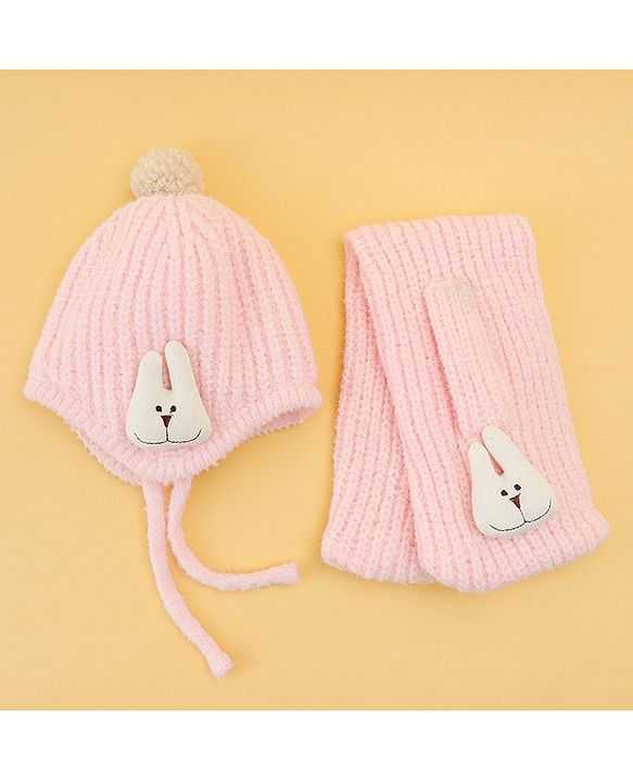 Babyhug Woolen Cap & Muffler Set With Animal Applique Pink - 13 cm Diameter