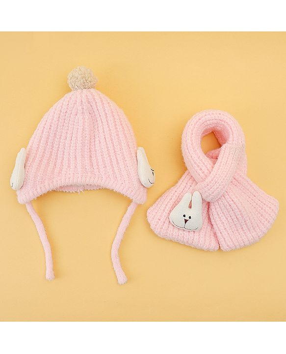 Babyhug Woolen Cap & Muffler Set With Animal Applique Pink - 13 cm Diameter