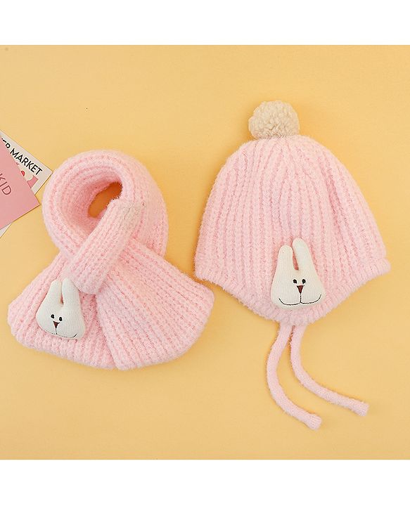 Babyhug Woolen Cap & Muffler Set With Animal Applique Pink - 13 cm Diameter