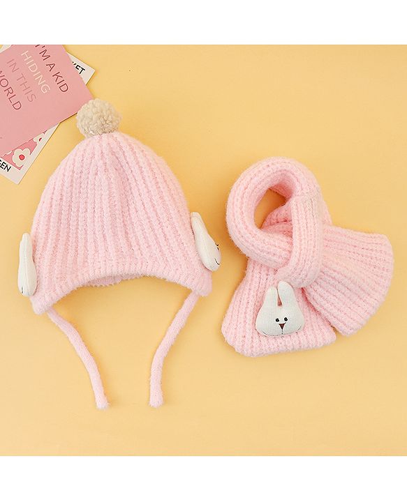 Babyhug Woolen Cap & Muffler Set With Animal Applique Pink - 13 cm Diameter