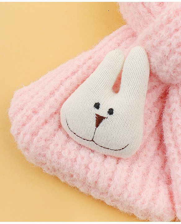 Babyhug Woolen Cap & Muffler Set With Animal Applique Pink - 13 cm Diameter