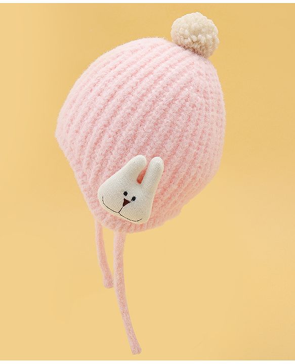 Babyhug Woolen Cap & Muffler Set With Animal Applique Pink - 13 cm Diameter