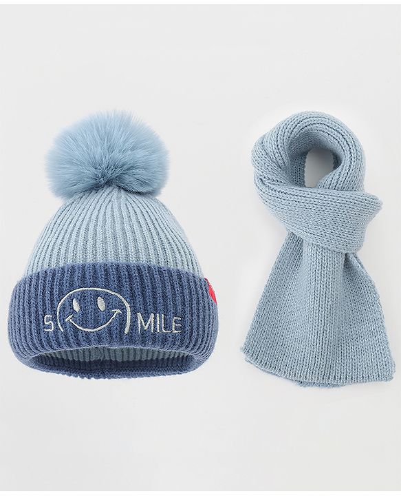 Babyhug Woolen Cap & Muffler Set With Smile Embroidery Blue - 11.5 cm Diameter