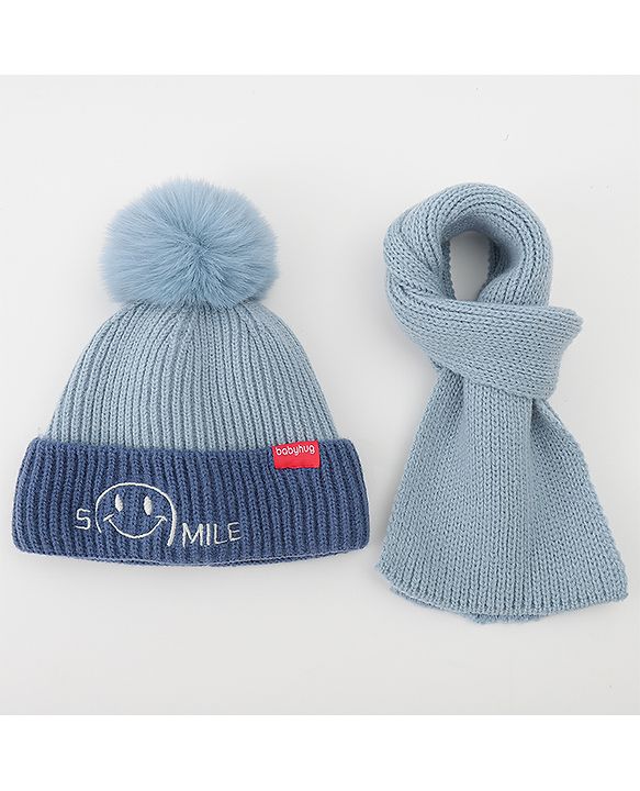 Babyhug Woolen Cap & Muffler Set With Smile Embroidery Blue - 11.5 cm Diameter