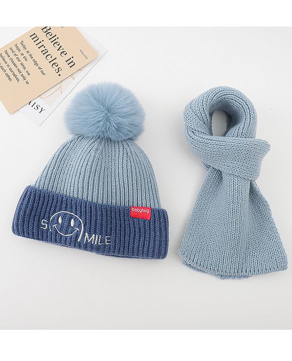Babyhug Woolen Cap & Muffler Set With Smile Embroidery Blue - 11.5 cm Diameter