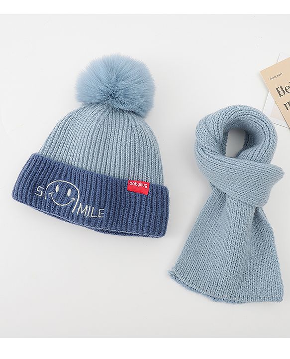 Babyhug Woolen Cap & Muffler Set With Smile Embroidery Blue - 11.5 cm Diameter