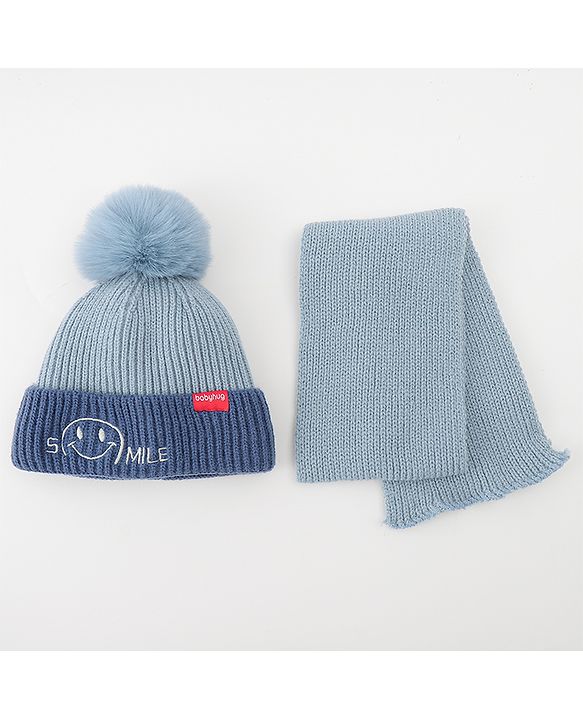 Babyhug Woolen Cap & Muffler Set With Smile Embroidery Blue - 11.5 cm Diameter