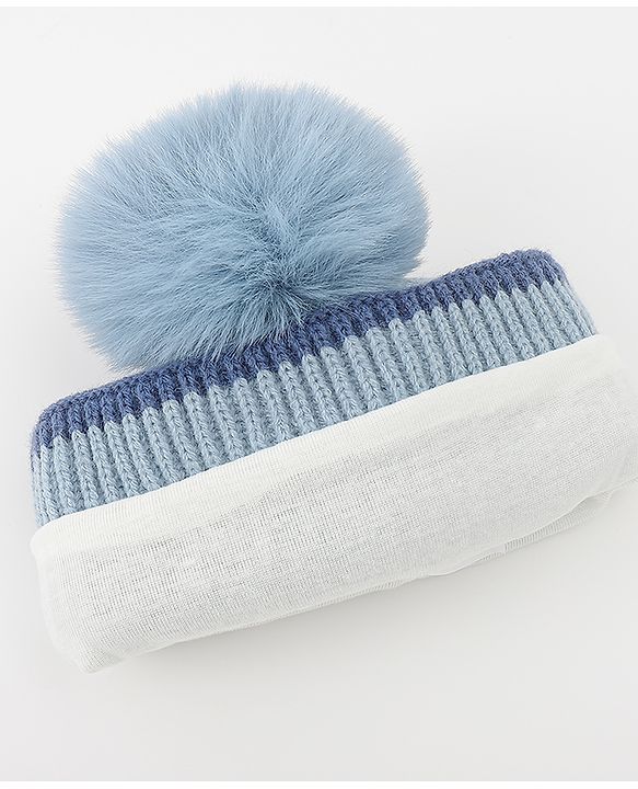 Babyhug Woolen Cap & Muffler Set With Smile Embroidery Blue - 11.5 cm Diameter