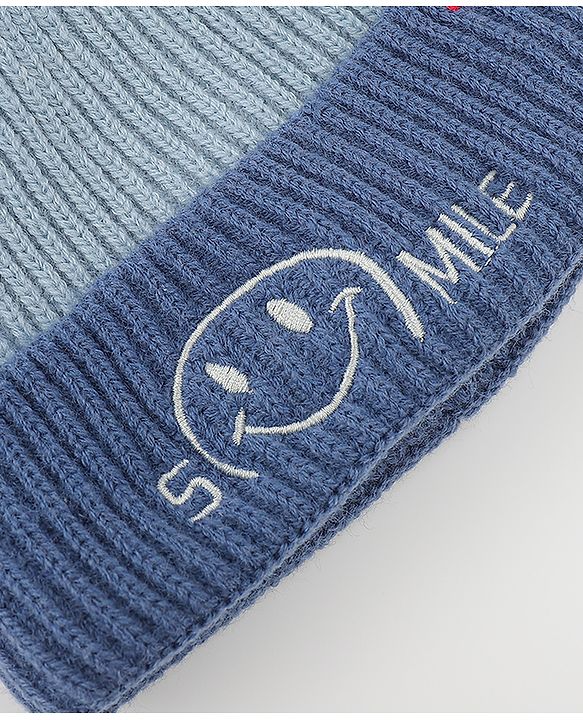 Babyhug Woolen Cap & Muffler Set With Smile Embroidery Blue - 11.5 cm Diameter