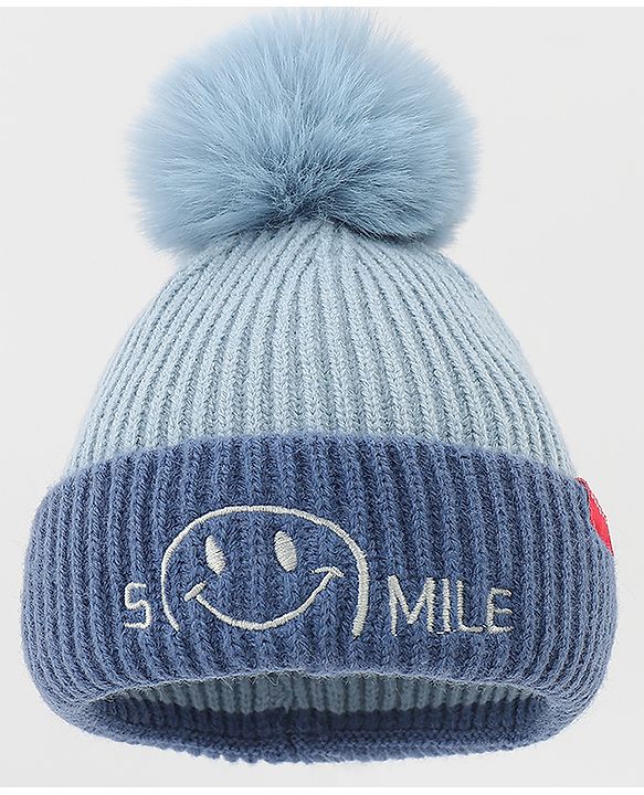 Babyhug Woolen Cap & Muffler Set With Smile Embroidery Blue - 11.5 cm Diameter