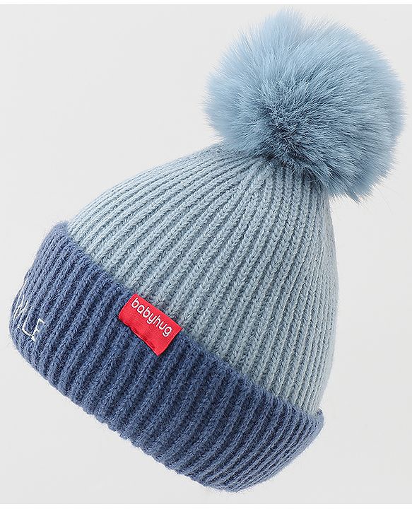 Babyhug Woolen Cap & Muffler Set With Smile Embroidery Blue - 11.5 cm Diameter