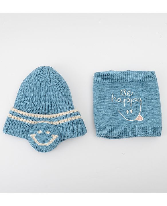 Babyhug Knitted Woollen Cap & Muffler With Text Embroidery Light Blue - Diameter 12.5 cm