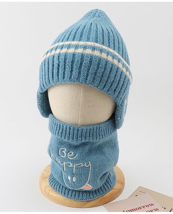 Babyhug Knitted Woollen Cap & Muffler With Text Embroidery Light Blue - Diameter 12.5 cm