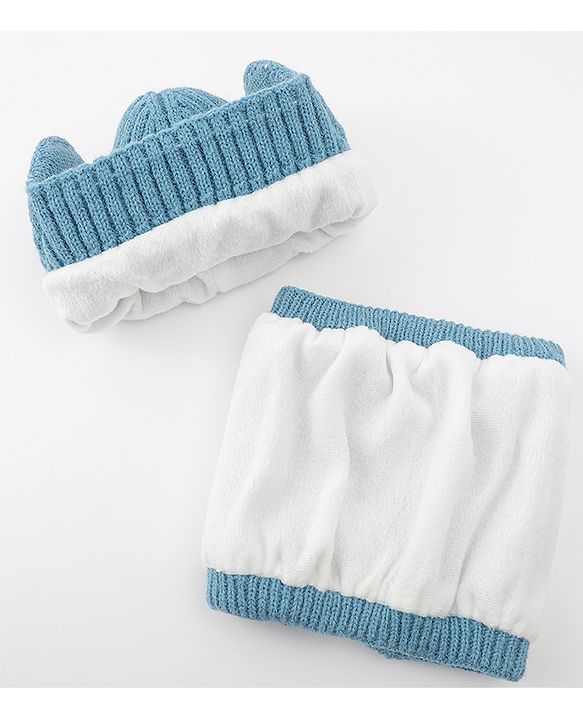 Babyhug Knitted Woollen Cap & Muffler With Text Embroidery Light Blue - Diameter 12.5 cm