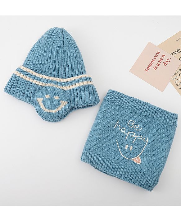 Babyhug Knitted Woollen Cap & Muffler With Text Embroidery Light Blue - Diameter 12.5 cm
