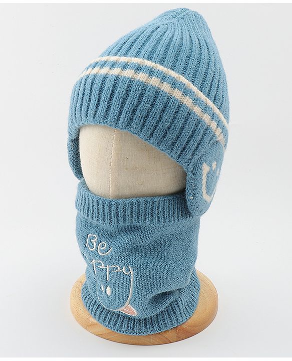 Babyhug Knitted Woollen Cap & Muffler With Text Embroidery Light Blue - Diameter 12.5 cm