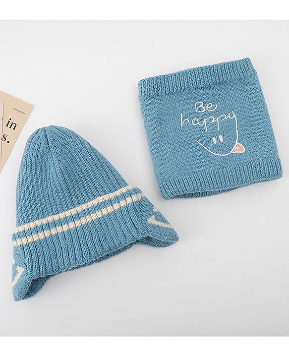 Babyhug Knitted Woollen Cap & Muffler With Text Embroidery Light Blue - Diameter 12.5 cm