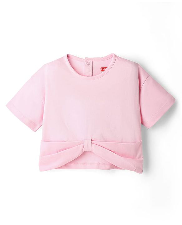 Babyhug Single Jersey Knit Half Sleeves Solid Top & Denim Skirt Set - Pink & Blue