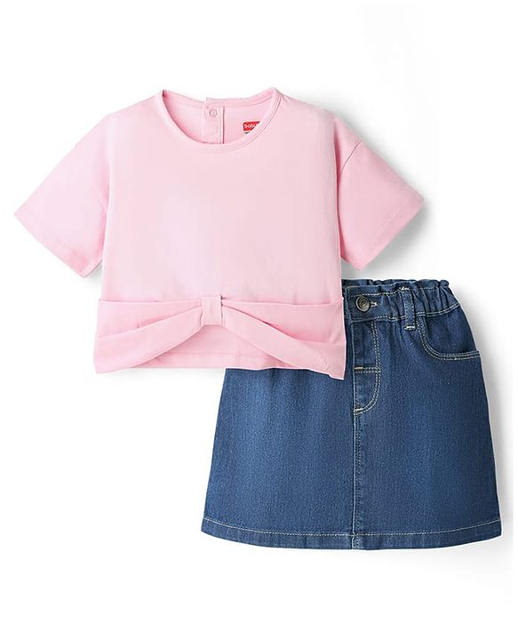 Babyhug Single Jersey Knit Half Sleeves Solid Top & Denim Skirt Set - Pink & Blue