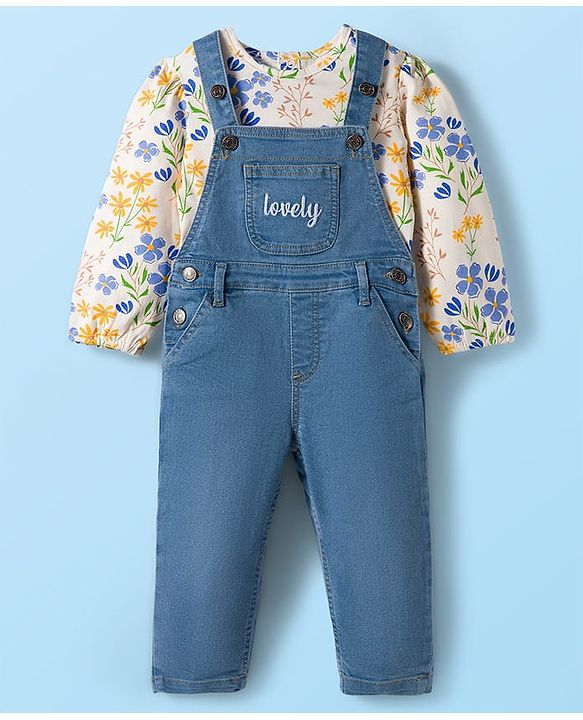 Babyhug Single Jersey Full Sleeves Top & Dungaree Set with Floral Print - White & Blue