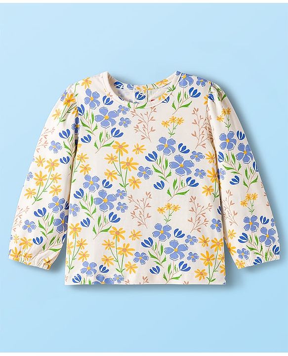 Babyhug Single Jersey Full Sleeves Top & Dungaree Set with Floral Print - White & Blue