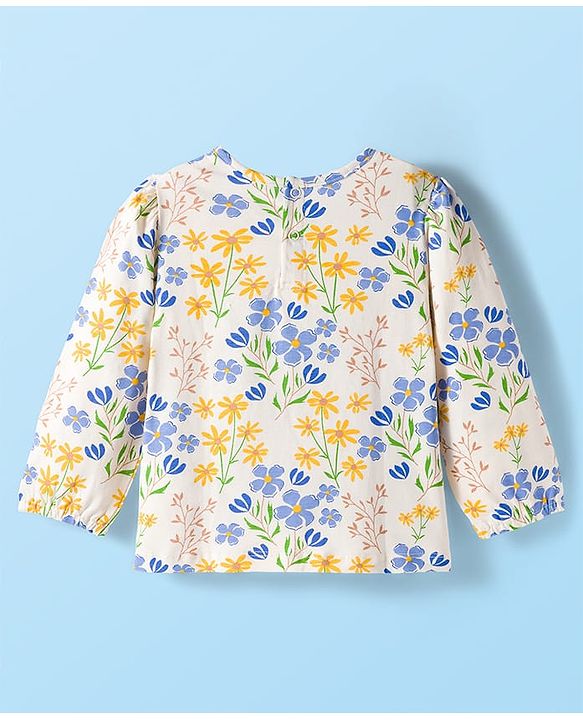 Babyhug Single Jersey Full Sleeves Top & Dungaree Set with Floral Print - White & Blue