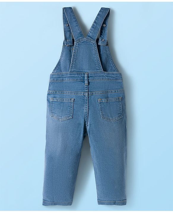 Babyhug Single Jersey Full Sleeves Top & Dungaree Set with Floral Print - White & Blue
