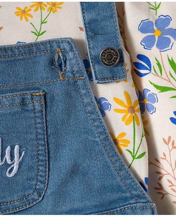 Babyhug Single Jersey Full Sleeves Top & Dungaree Set with Floral Print - White & Blue