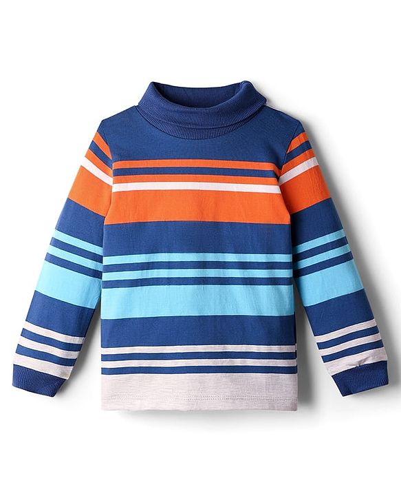 Babyhug Cotton Elastane Knit Full Sleeves Turtle Neck Winter Striped T-Shirt - Multicolor
