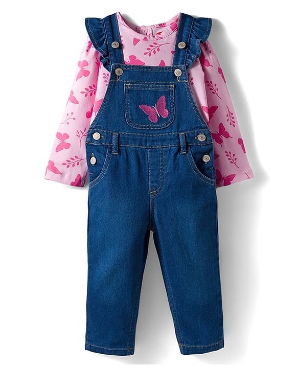 Babyhug Single Jersey Knit Full Sleeves T-Shirt & Dungaree With Butterfly Print - Pink & Blue