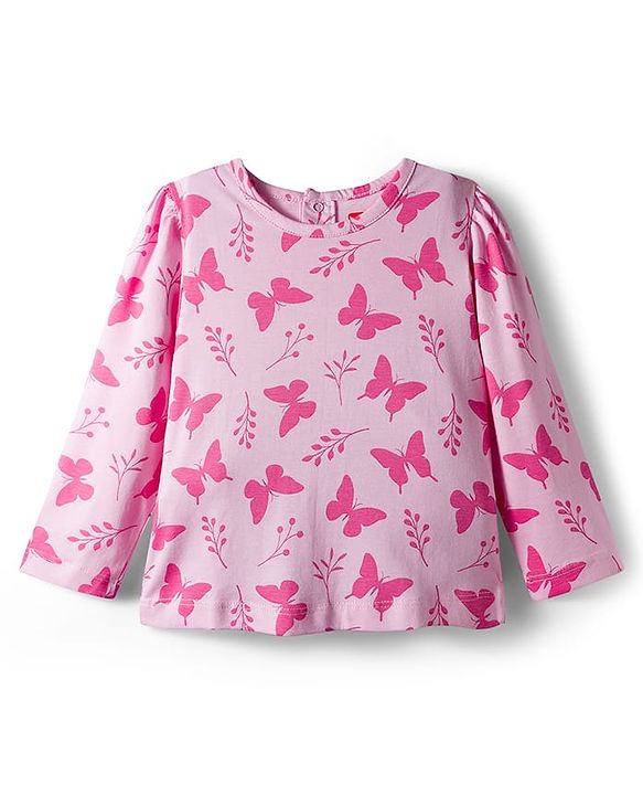 Babyhug Single Jersey Knit Full Sleeves T-Shirt & Dungaree With Butterfly Print - Pink & Blue