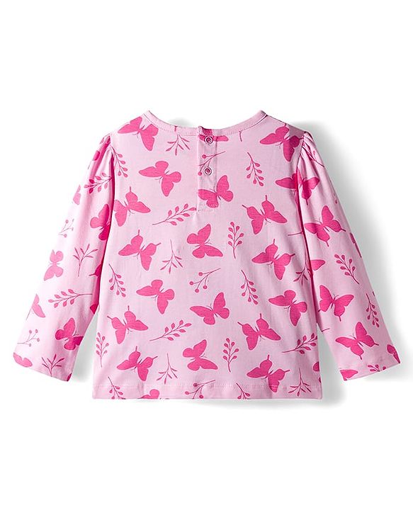 Babyhug Single Jersey Knit Full Sleeves T-Shirt & Dungaree With Butterfly Print - Pink & Blue