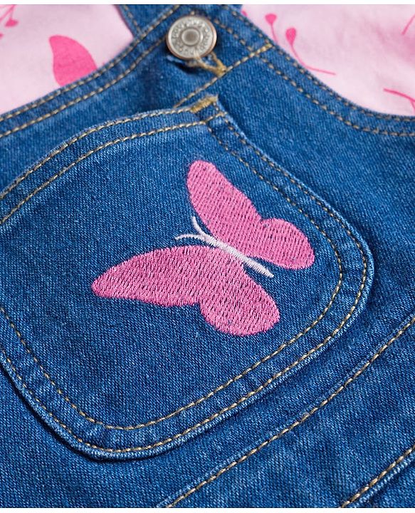 Babyhug Single Jersey Knit Full Sleeves T-Shirt & Dungaree With Butterfly Print - Pink & Blue