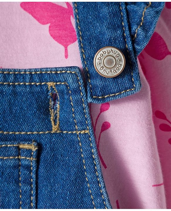 Babyhug Single Jersey Knit Full Sleeves T-Shirt & Dungaree With Butterfly Print - Pink & Blue