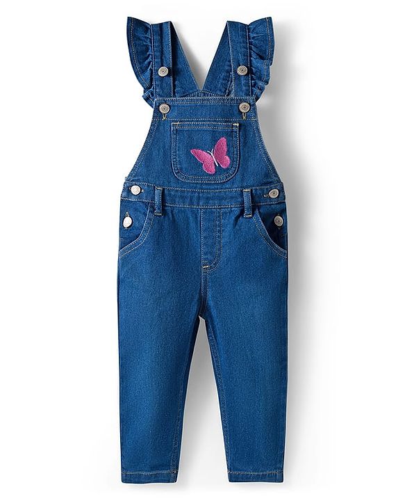 Babyhug Single Jersey Knit Full Sleeves T-Shirt & Dungaree With Butterfly Print - Pink & Blue