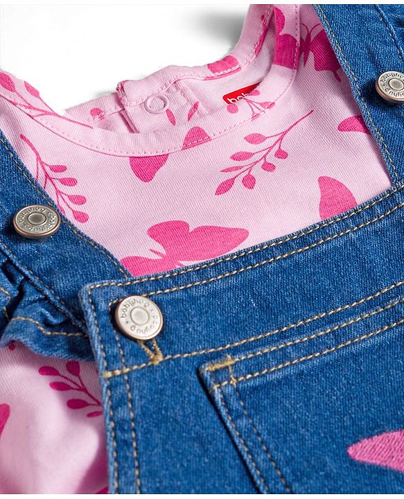 Babyhug Single Jersey Knit Full Sleeves T-Shirt & Dungaree With Butterfly Print - Pink & Blue