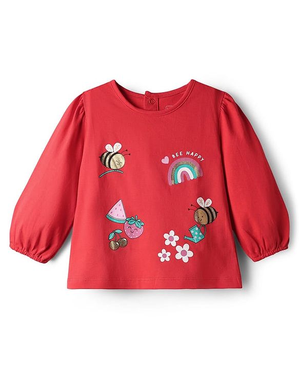 Babyhug Single Jersey Knit Full Sleeves Top & Denim Jeans Set With Bee & Floral Print - Red & Blue