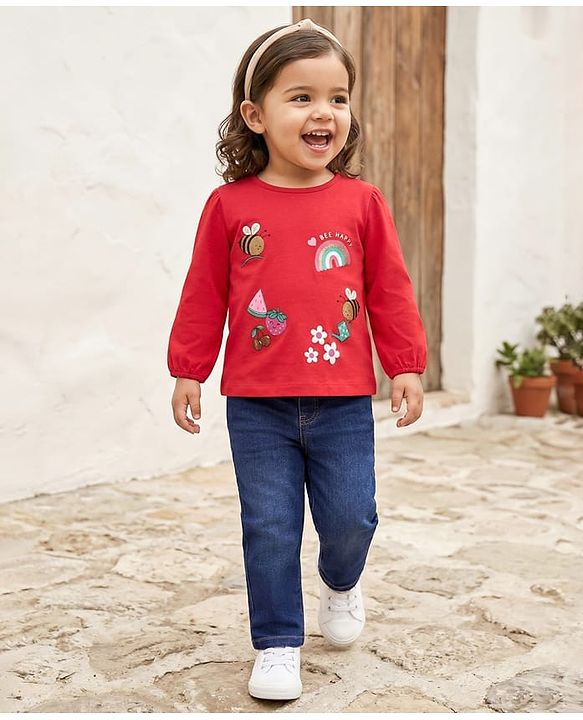 Babyhug Single Jersey Knit Full Sleeves Top & Denim Jeans Set With Bee & Floral Print - Red & Blue