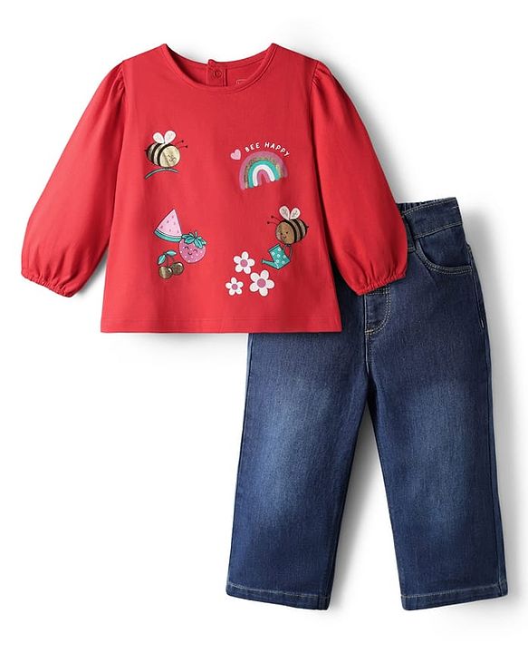 Babyhug Single Jersey Knit Full Sleeves Top & Denim Jeans Set With Bee & Floral Print - Red & Blue