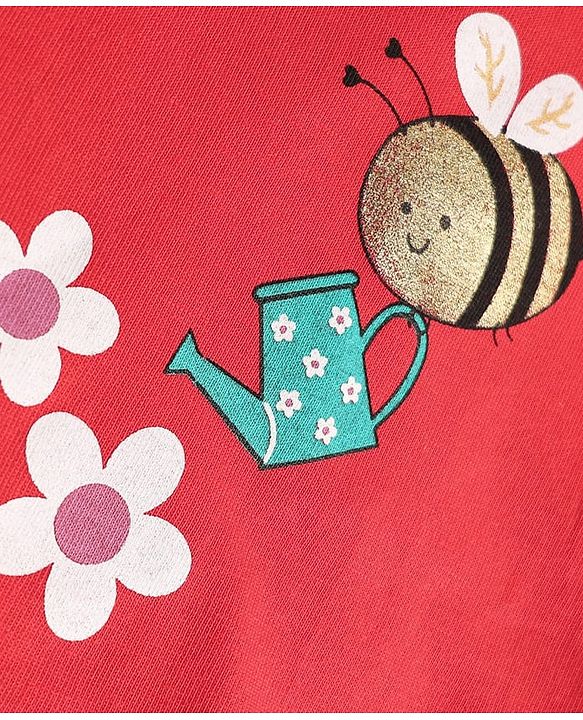 Babyhug Single Jersey Knit Full Sleeves Top & Denim Jeans Set With Bee & Floral Print - Red & Blue