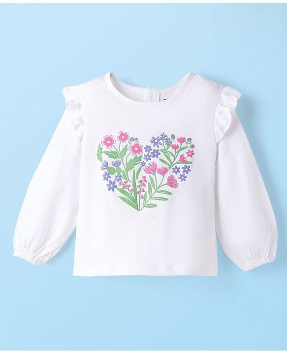 Babyhug Single Jersey Knit Full Sleeves Top & Denim Jeans Set With Floral Print - White & Blue